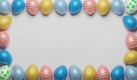 Colorful easter eggs border on white background with a large copy space. 스톡 일러스트