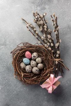 Colorful easter eggs in box and flowers on table. Top view with copy space Stock Photos