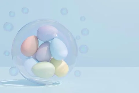 Colorful Easter eggs in a bubble against a soft blue background. Illustrazione stock
