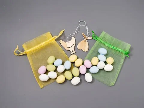 Colorful easter eggs with bunny and chick decorations Stock Photos