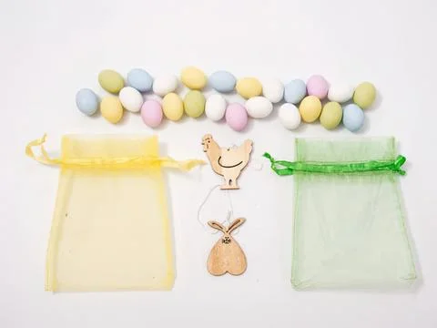 Colorful easter eggs with bunny and chick decorations Stock Photos