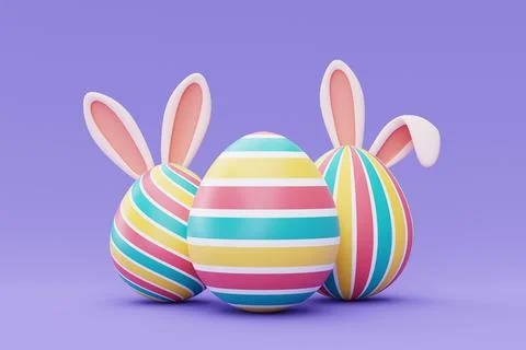 Colorful easter eggs with bunny ears on purple background,happy easter holida Stock Illustration