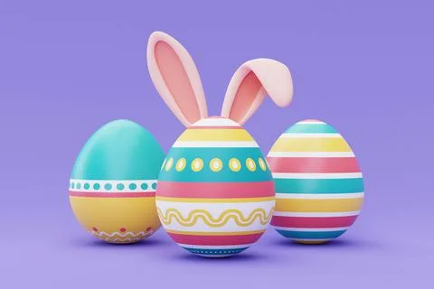 Colorful easter eggs with bunny ears on purple backgound,happy easter holiday Stock Illustration