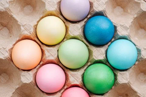 Colorful easter eggs in a cardboard egg case. Top view. Stock Photos