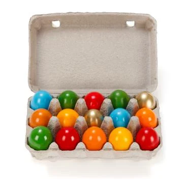 Colorful easter eggs in cardboard rack Stock Photos