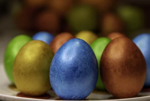 Colorful Easter eggs close-up. Preparation for Easter. Painted Easter eggs. Stock Photos