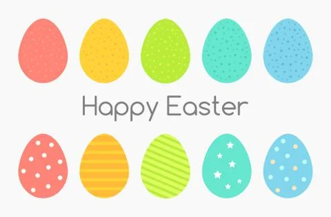 Colorful Easter eggs collection. Happy Easter greeting card background. Vecto Stock Illustration