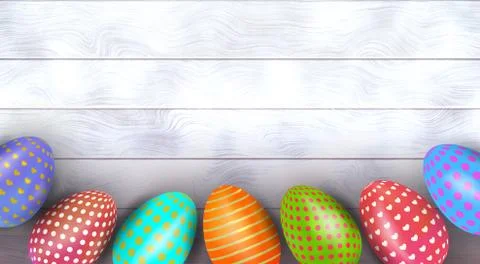 Colorful Easter eggs decorated with different patterns on wooden background. 库存照片