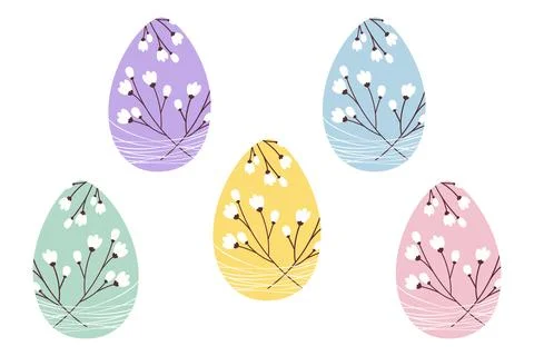 Colorful Easter eggs decorated flowering twigs and strings. Easter Decorative Stock Illustration