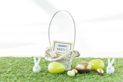 Colorful easter eggs decorative rabbits Stock Photos