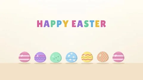 Colorful Easter eggs dropping and bouncing into a row under bold Happy Easter Stock-Footage 348618820