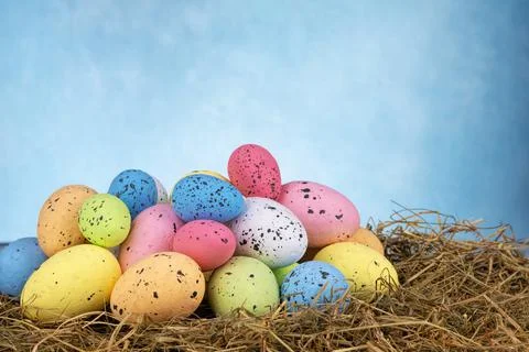 Colorful easter eggs on dry grass on sky blue background 库存照片
