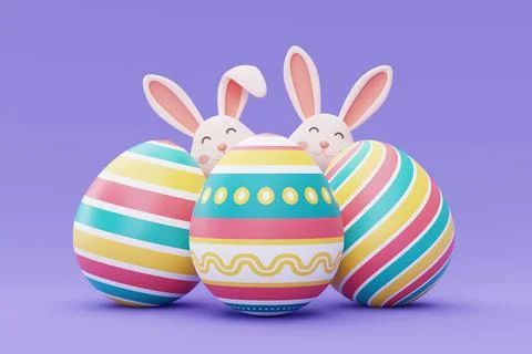 Colorful easter eggs with easter bunny on purple background,happy easter holi Stock Illustration