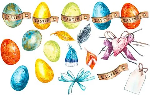Colorful easter eggs. Easter set. Watercolor illustration on white background. Illustrazione stock