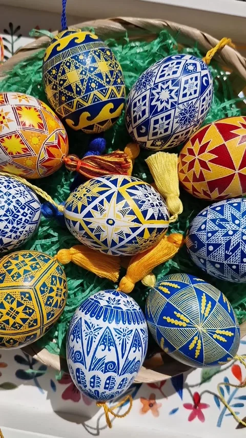 Colorful Easter eggs featuring traditional Ukrainian pysanky designs with Stock Footage 306088743