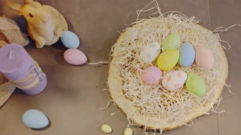 Colorful Easter eggs on festive background. Easter holiday decorations. Stock Footage 236341750