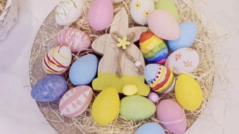 Colorful Easter eggs on festive background. Easter holiday decorations. Stock Footage 236341762
