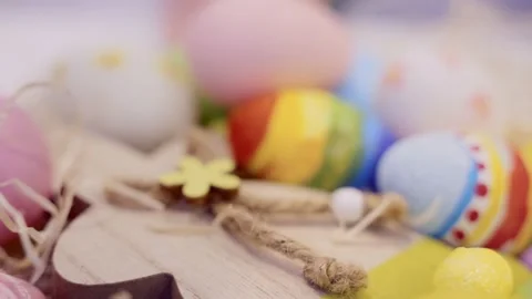 Colorful Easter eggs on festive background. Easter holiday decorations. Stock-Footage 236341763