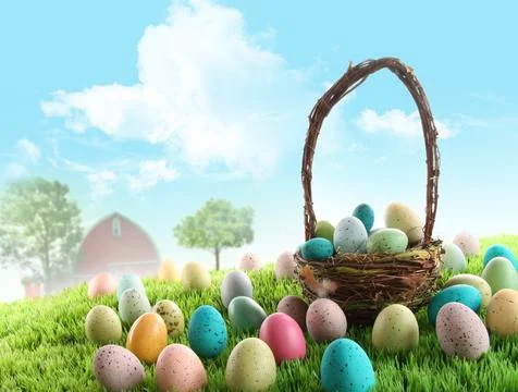 Colorful easter eggs in field of grass 写真素材