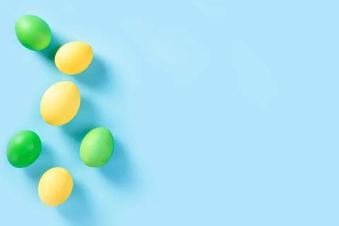Colorful Easter eggs. flat lay. background of colorful, pastel, hand painted  Stock Photos