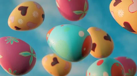 Colorful easter eggs flying in the sky - 3D Rendering Stock Illustration