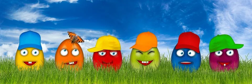 Colorful easter eggs with funny faces Stock Photos