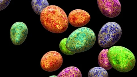Colorful Easter eggs with golden crosses ornament falling from the top in UHD Video stock 265869331