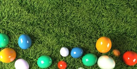 Colorful Easter eggs in grass 3d rendering Foto stock