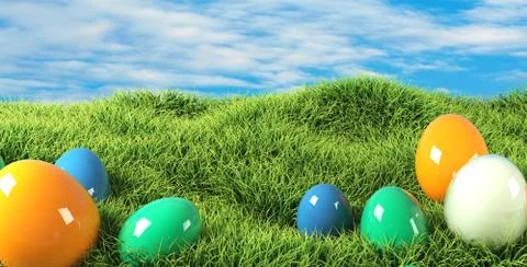 Colorful Easter eggs in grass 3d rendering Stock Photos