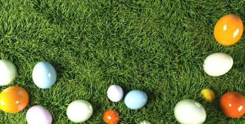 Colorful Easter eggs in grass 3d rendering Stock Photos