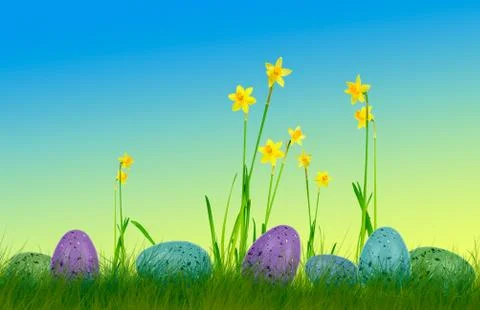 Colorful easter eggs on grass with daffodils and colorful background Stock Photos