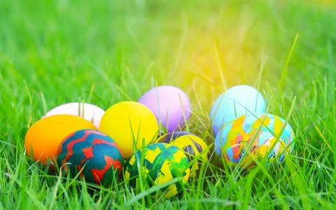 Colorful easter eggs on the grass..For easter Stock Photos