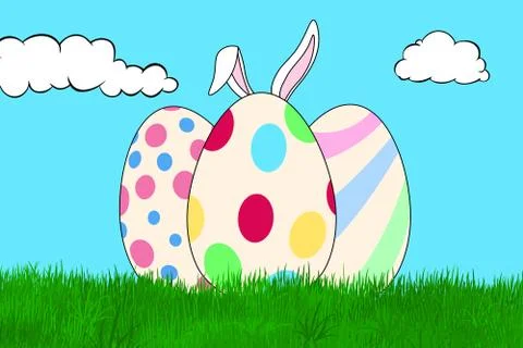 Colorful Easter eggs in a grass field, rabbit ears poking behind them Stock Illustration