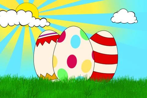 Colorful Easter eggs in a grass field, sun rays behind them Stock Illustration
