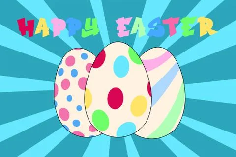 Colorful Easter eggs in a grass field, rabbit ears poking behind them Stock Illustration