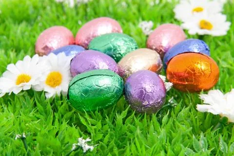 Colorful easter eggs in grass Stock Photos