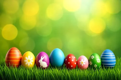 Colorful Easter Eggs on Grass with Spring Background Stock Illustration