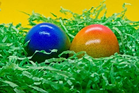 Colorful easter eggs in green easter nest Stock Photos
