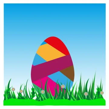 Colorful Easter eggs on green grass against the sky Stock Illustration