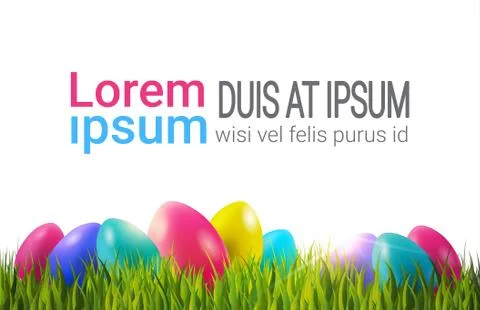 Colorful Easter Eggs On Green Grass Over White Background With Copy Space Ilustração Stock