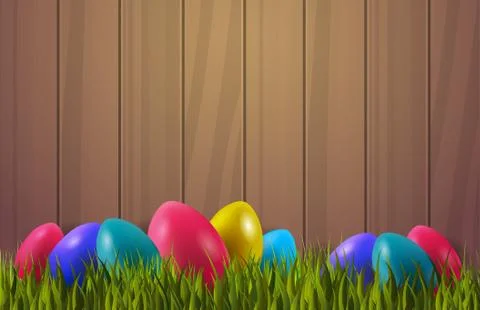 Colorful Easter Eggs On Green Grass Over Wooden textured Background With Copy 스톡 일러스트