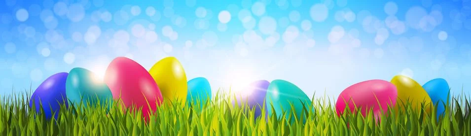 Colorful Easter Eggs On Green Grass Over Blue Bokeh Background Horizontal Banner Stock Illustration