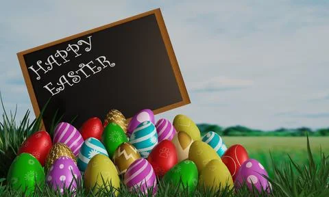 Colorful Easter eggs on  green grass with white cloud blue sky . blurred natu Stock Illustration