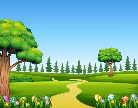 Colorful Easter eggs on green grass with beautiful landscape Illustrazione stock