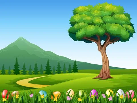 Colorful Easter eggs on green grass with beautiful landscape Stock Illustration