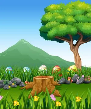 Colorful Easter eggs on green grass with beautiful landscape Stock Illustration