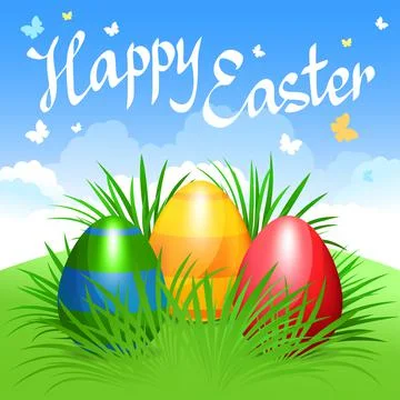 Colorful Easter eggs in green grass for Easter holidays design. Vector Stock Illustration