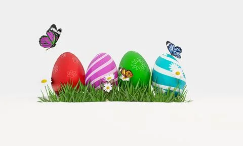Colorful Easter eggs on green grass with white background and many multi co.. Stock Photos