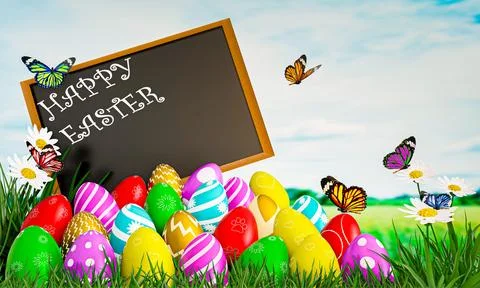 Colorful Easter eggs on green grass with white cloud blue sky many multi co.. Stock Photos
