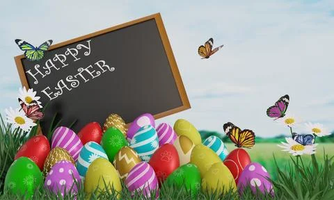 Colorful Easter eggs on green grass with white cloud blue sky many multi co.. Stock Photos